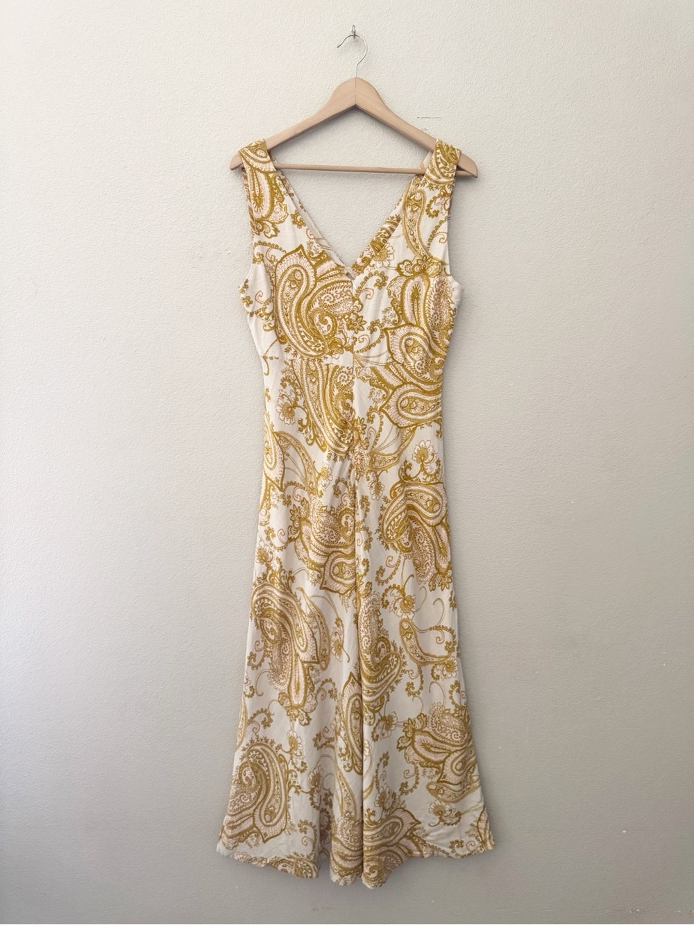 Paper Heart Y2K Babydoll Fairy Maxi Dress L Linen Cream Gold Paisley Ethereal - Picture 3 of 9